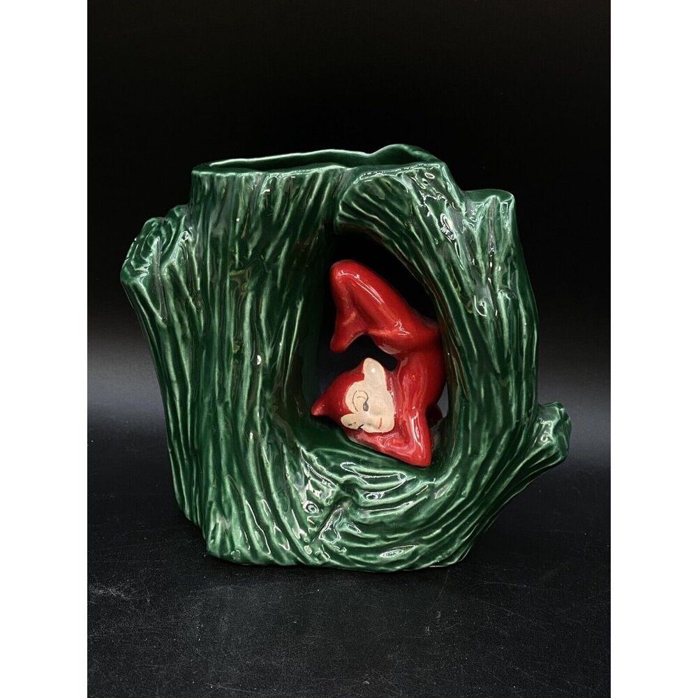 Gilner California Red Pixie Elf Tumbling Green Tree Large Stump Planter Vintage